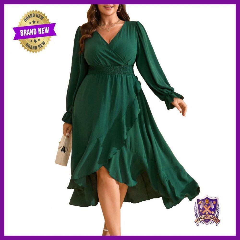 Plus Size Wrap Maxi Dress Long Sleeve V Neck Ruffle Cocktail